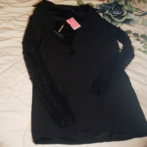 Black Woven Lace Sleeve Belt Blazer 